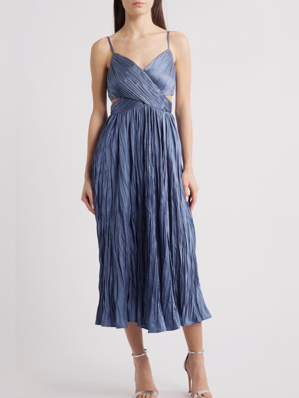 NWT Lulus Margot Gathered Satin Midi Dress Slate Blue M